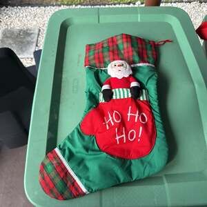 Christmas Santa Ho Ho Ho Holiday Stocking Plaid Top Green Red Felt Doll